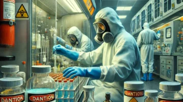 PharmaCores-Images- DALL·E 2025 01 22 00.41.25 A vivid depiction of occupational exposure in the pharmaceutical industry focusing on a laboratory environment. Workers are wearing full protective g