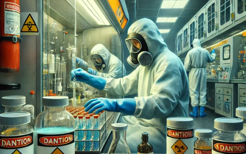 PharmaCores-Images- DALL·E 2025 01 22 00.41.25 A vivid depiction of occupational exposure in the pharmaceutical industry focusing on a laboratory environment. Workers are wearing full protective g