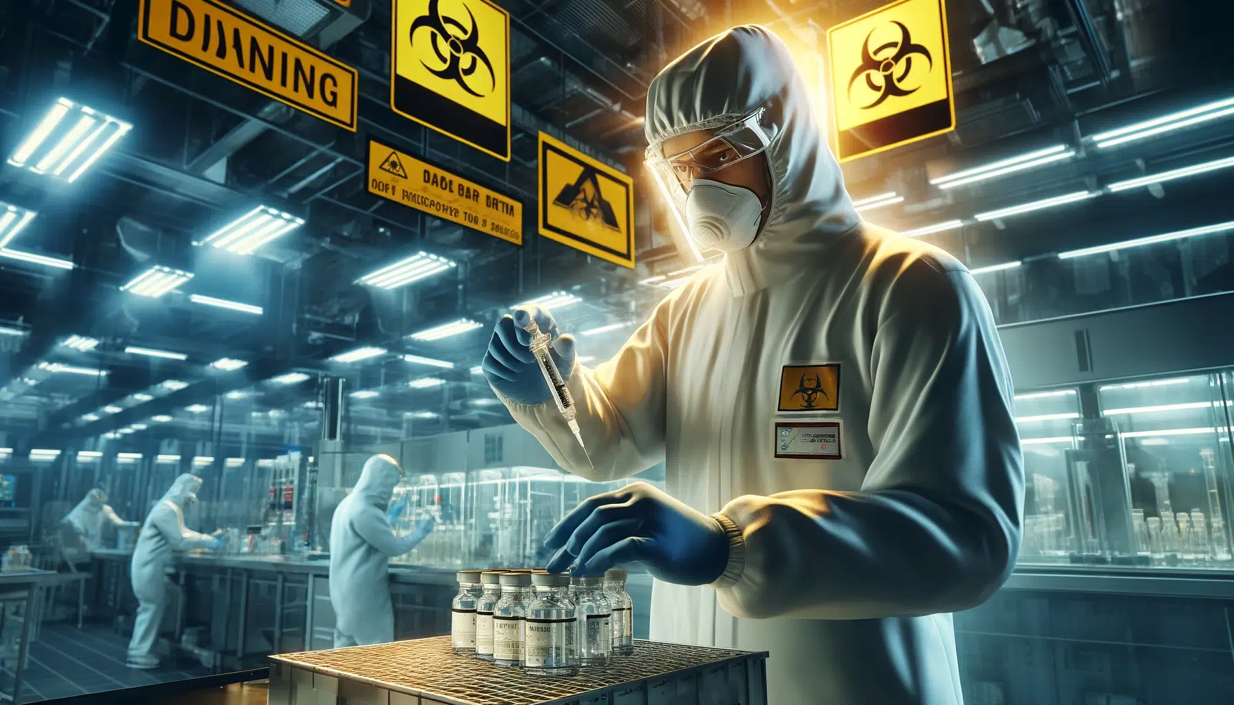 Pharmaceutical-industry-worker-wearing-full-protective-gear-including-a-face-mask-gloves-and-a-lab-coat-hand-cover