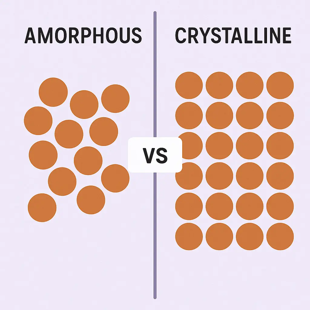 Figure 1: Molecular arrangement of a Crystalline solid and an Amorphous solid (polymorphism, Peformulation study)