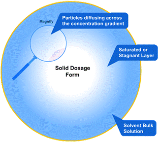 The diagram shows drug particles dissolving from a solid form through a stagnant layer into the bulk solution.