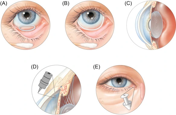 Biodegradable ocular insert releasing drug near the eye’s anterior chamber.