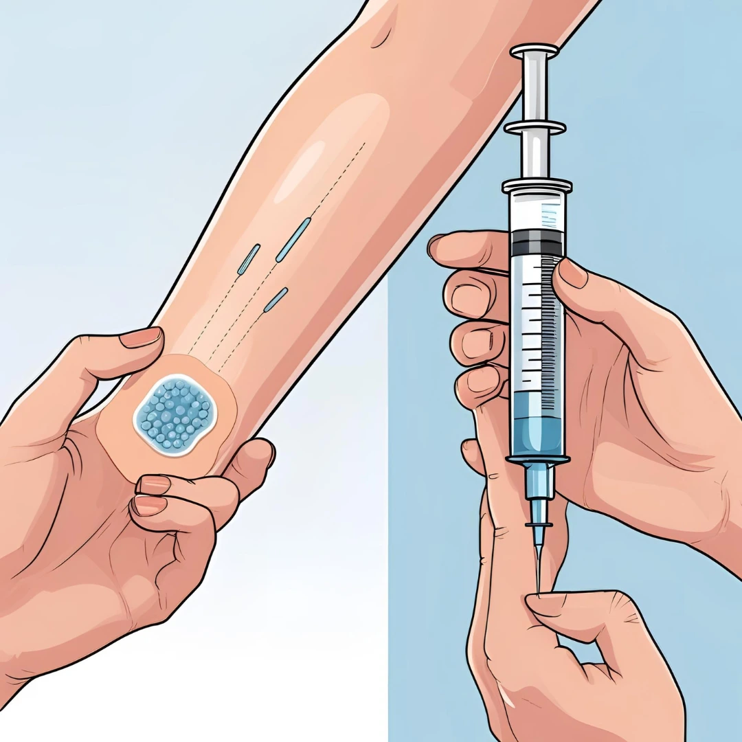 Microneedle patch dissolving into skin vs. traditional syringe.