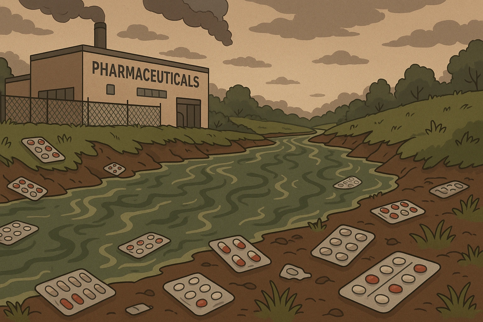 A river polluted with pharmaceutical waste next to a pharmaceutical manufacturing facility and discarded medicine strips.