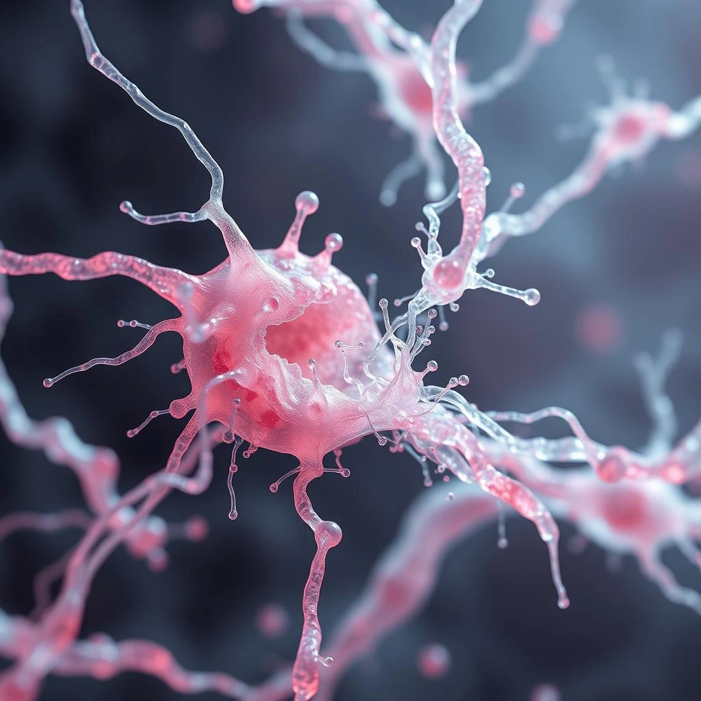 Microscopic structure of biodegradable polymer fibers breaking down in biological fluid.