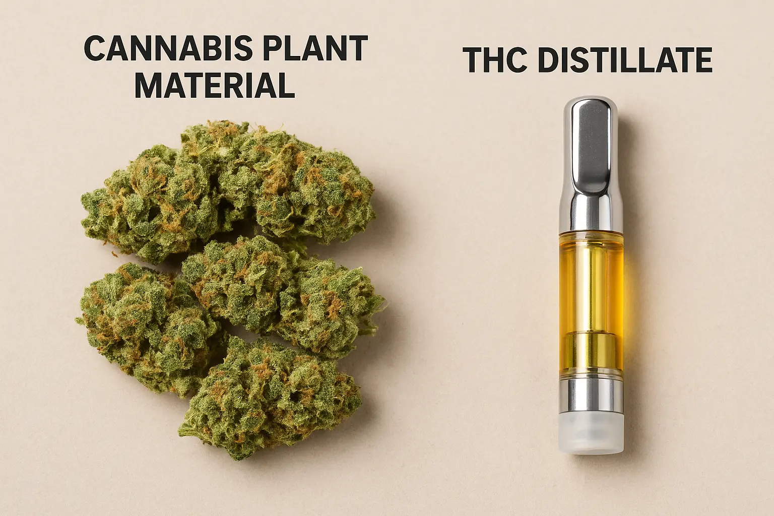 Cannabis Plant Material vs THC Distillate WEBP Cannabis Plant Material and THC Distillate from Extraction