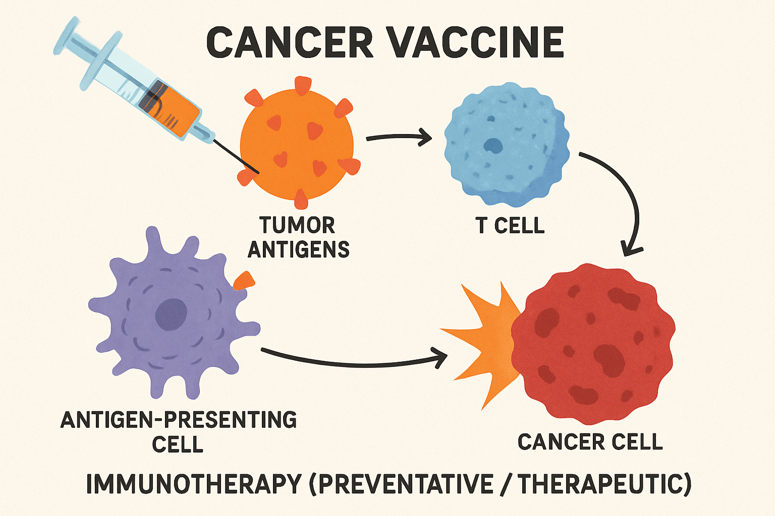 Cancer Vaccine. This illustration shows the concept of a cancer vaccine, a form of immunotherapy that stimulates the immune system to recognize and attack cancer cells.