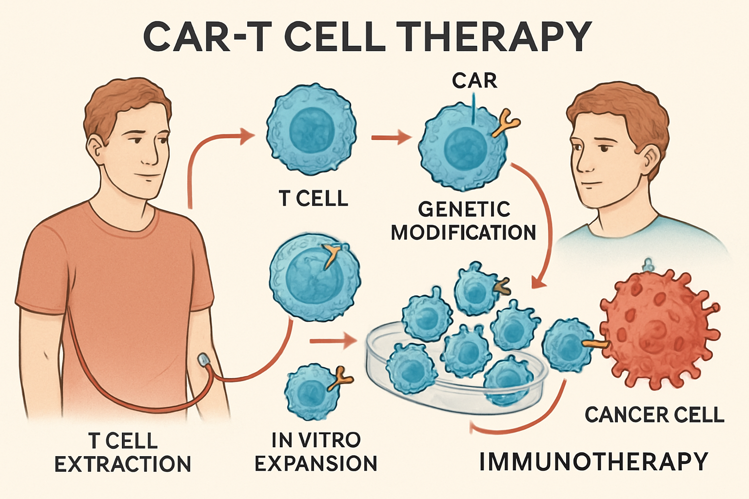 CAR-T Cell Therapy. This illustration depicts the process of CAR-T cell therapy, a personalized form of immunotherapy where a patient's T cells are engineered to fight cancer.