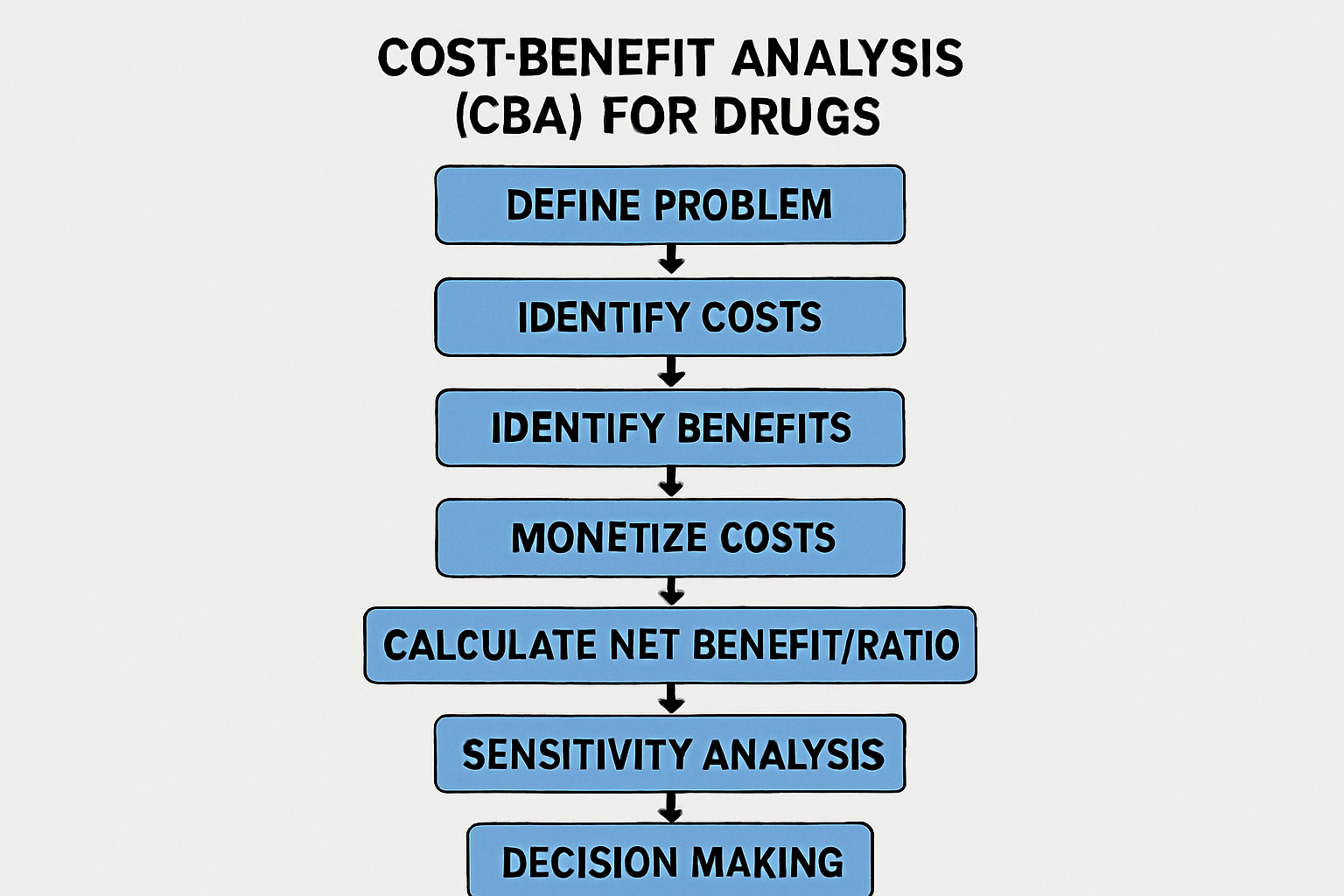 Flow Diagram of Cost-Benefit Analysis (CBA). This diagram outlines the systematic steps involved in conducting a CBA for drug interventions, from problem definition to decision-making.