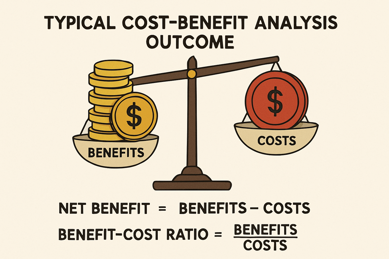 Typical Cost-Benefit Analysis Outcome. This illustration visually represents the outcome of a CBA, showing how monetary benefits are compared against costs to determine the net benefit and benefit-cost ratio.