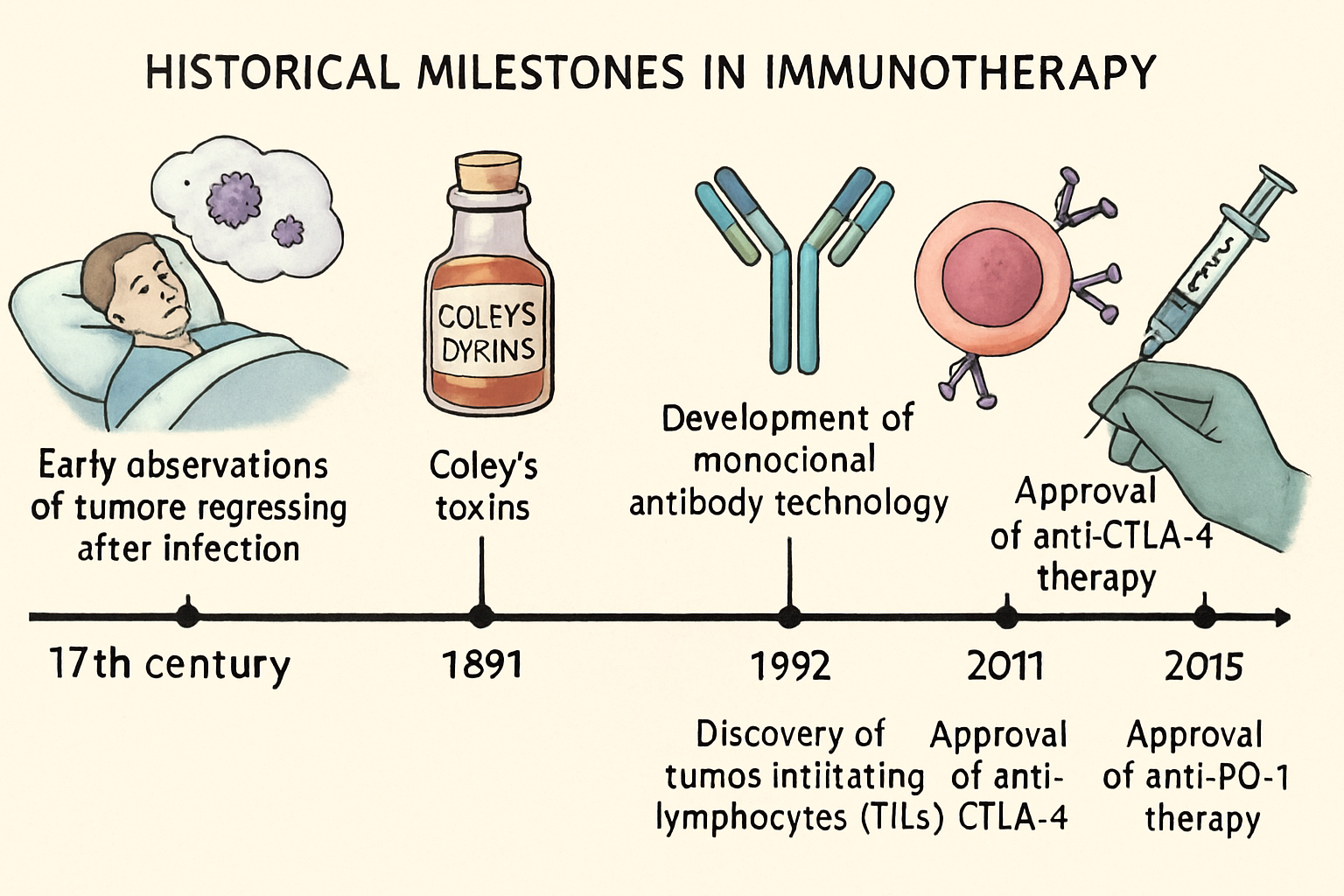 Historical Milestones in Immunotherapy. This timeline illustrates key discoveries and approvals that have shaped the field of immunotherapy, from early observations to modern breakthroughs