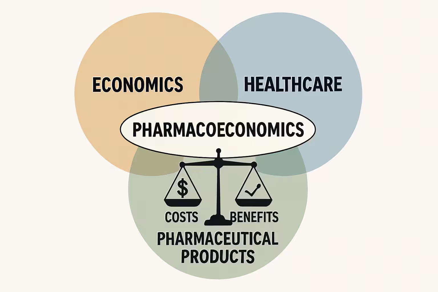 Core Concept of Pharmacoeconomics. This diagram illustrates the intersection of economics, healthcare, and pharmaceutical products, emphasizing the balance between costs and benefits of drugs and healthcare interventions within pharmacoeconomics.