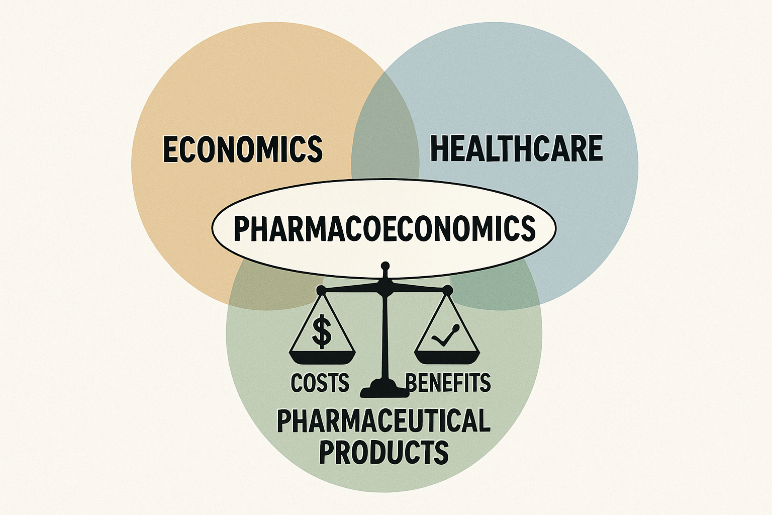 Core Concept of Pharmacoeconomics. This diagram illustrates the intersection of economics, healthcare, and pharmaceutical products, emphasizing the balance between costs and benefits of drugs and healthcare interventions within pharmacoeconomics.