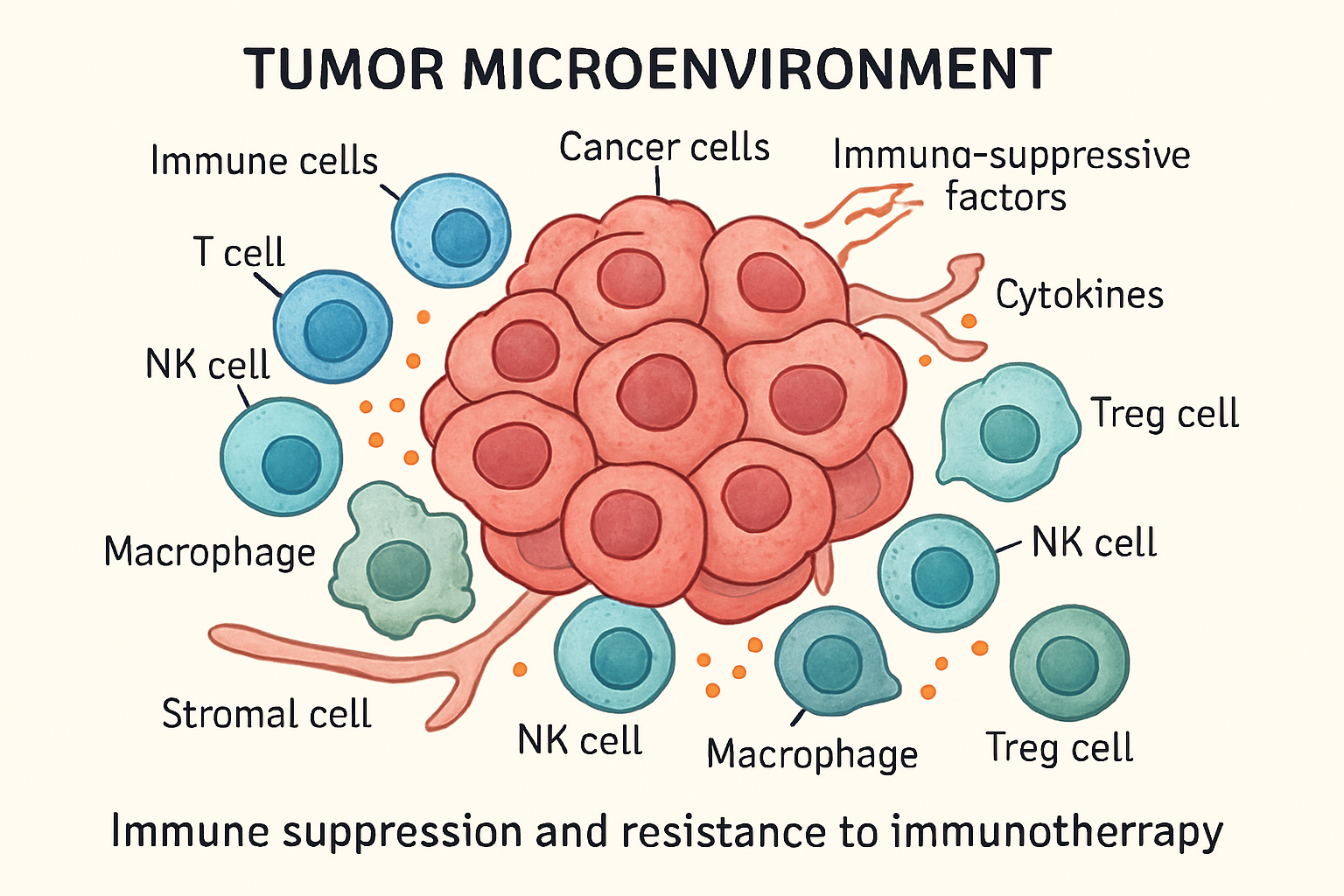 The Tumor Microenvironment (TME). This illustration shows the complex interplay of various cell types and factors within the TME that can influence the effectiveness of immunotherapy.