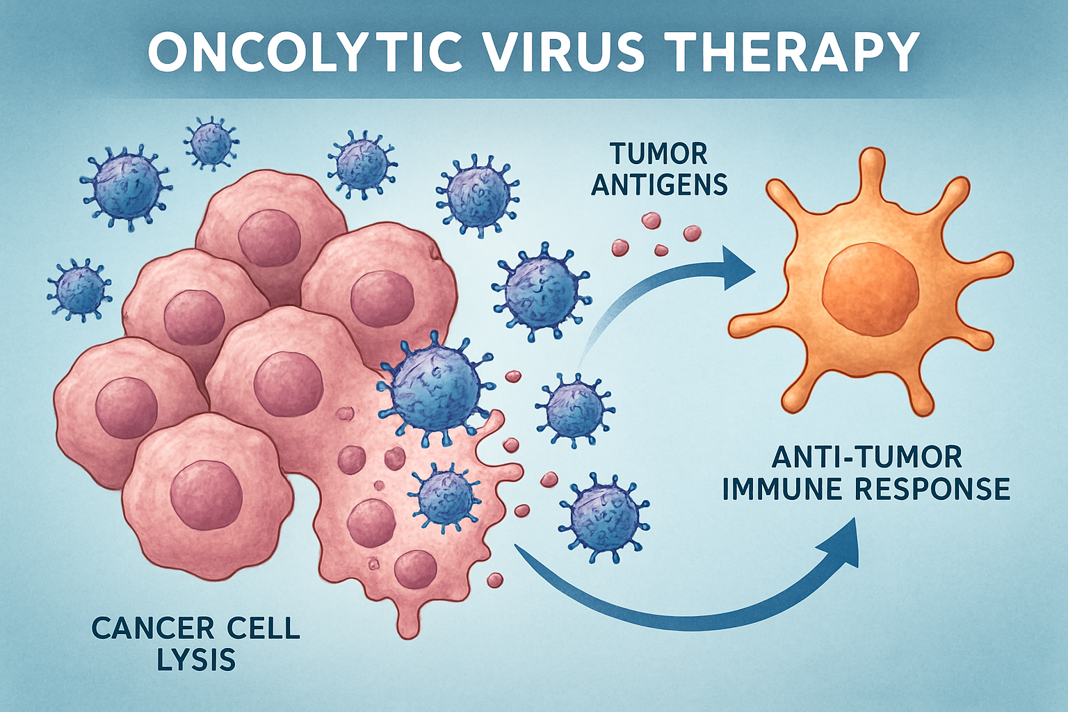 Oncolytic Virus Therapy. This illustration depicts oncolytic virus therapy, a form of immunotherapy where viruses selectively kill cancer cells and stimulate an anti-tumor immune response.