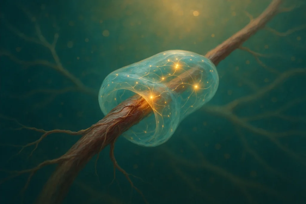 A neuroresponsive translucent hydrogel matrix wrapped around an injured spinal neuron strand.