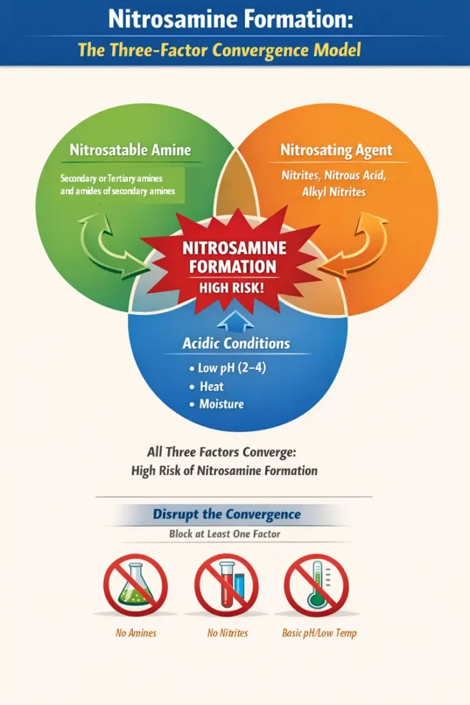Nitroamine formation mechanism: The three-factor convergence model